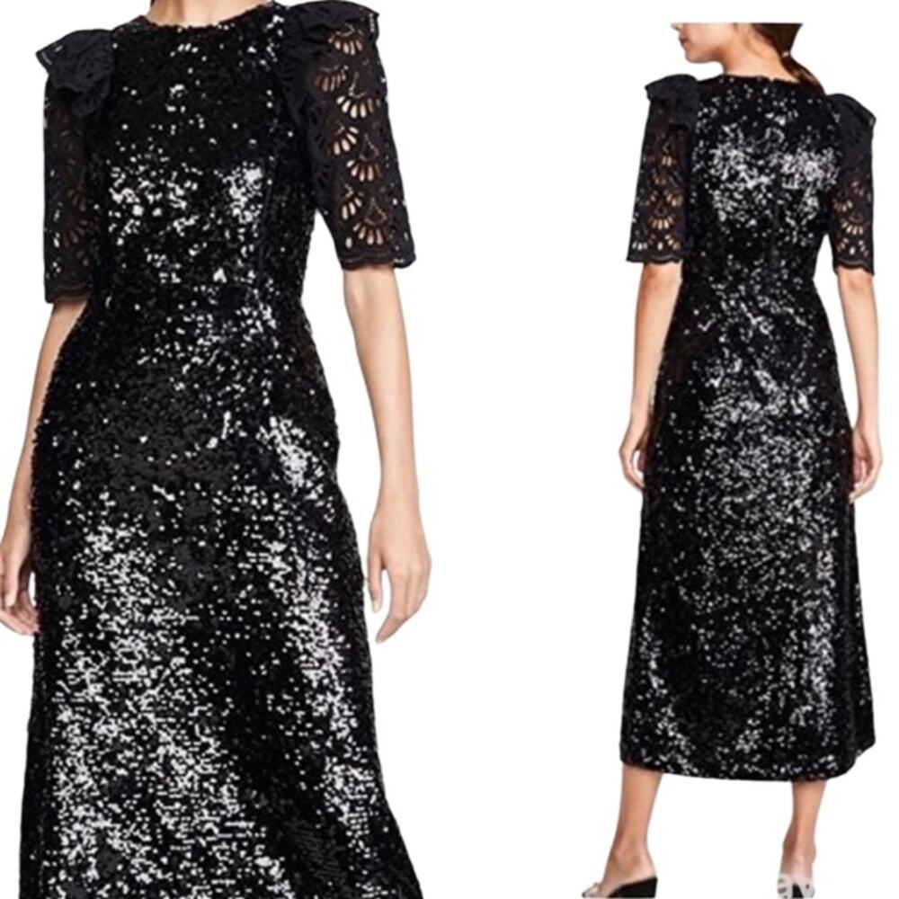 Sea New York Sequined Midi Dress Black Lace Sleeve Size 2 NWT